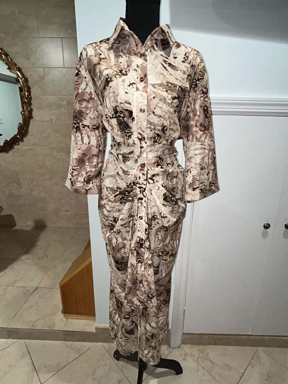 Satin Midi Shirt Dress in Tan/Multi
